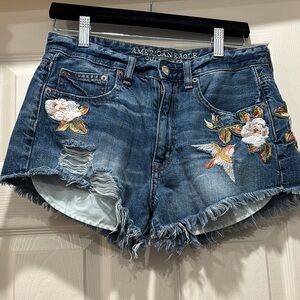 American Eagle Outfitters Women's Blue Denim Shorts with Floral Embroidery